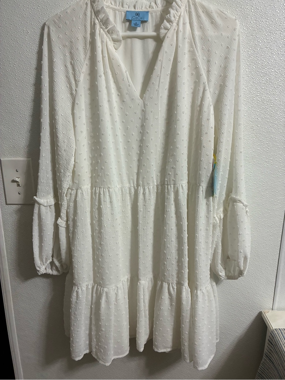 CeCe White Swiss Dot Tiered V-Neck Dress NWT size M